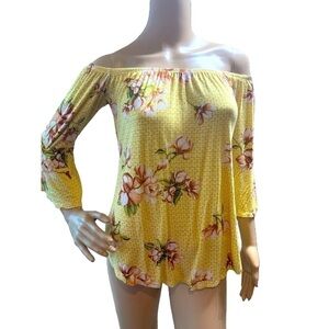 Adara Yellow Floral Off-Shoulder‎ Long Sleeve Cotton Blouse Womens Size Small